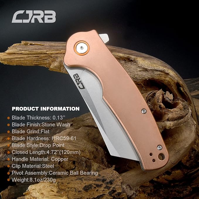 CJRB Crag Folding Pocket Knife, 3.43" D2 Steel Blade Copper Handle EDC Knife with Pocket Clip for Men Women Camping Survival Hiking, Stone Wash (J1904)