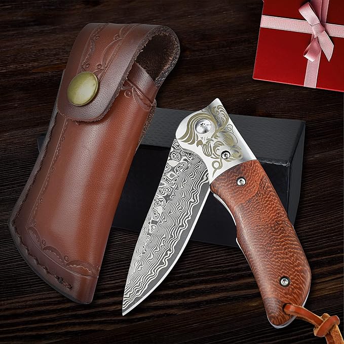 AUBEY Damascus Pocket Knife with Clip, Folding Knives with VG10 Damascus Steel Blade, Wooden Handle, Foldable EDC Knifes for Outdoor Survival Collection Gift