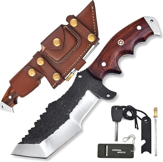 KIMPE 10.5?™â€?Hand-Forged Spring Steel Hunting Knife with Leather Sheath-Fixed Blade EDC Knife-Bushcraft Knives-Rose Wood Handle-Best Camping & Survival Knives-Knives for Men. (Spring Steel & Rose Wood)