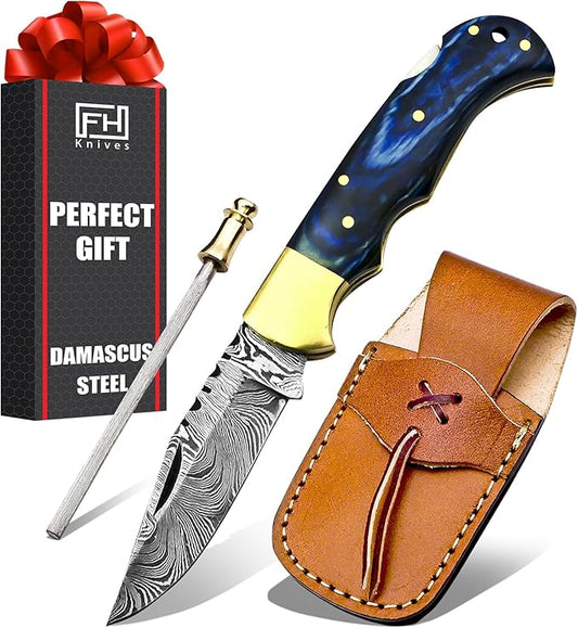 Handmade Damascus Pocket Knife for Men - 6.5 Inch Damascus Knife with Sheath - Damascus Folding Knife - Damascus Hunting Knife - Damascus Steel Pocket Knives with Back Lock for EDC, Camping, Hiking