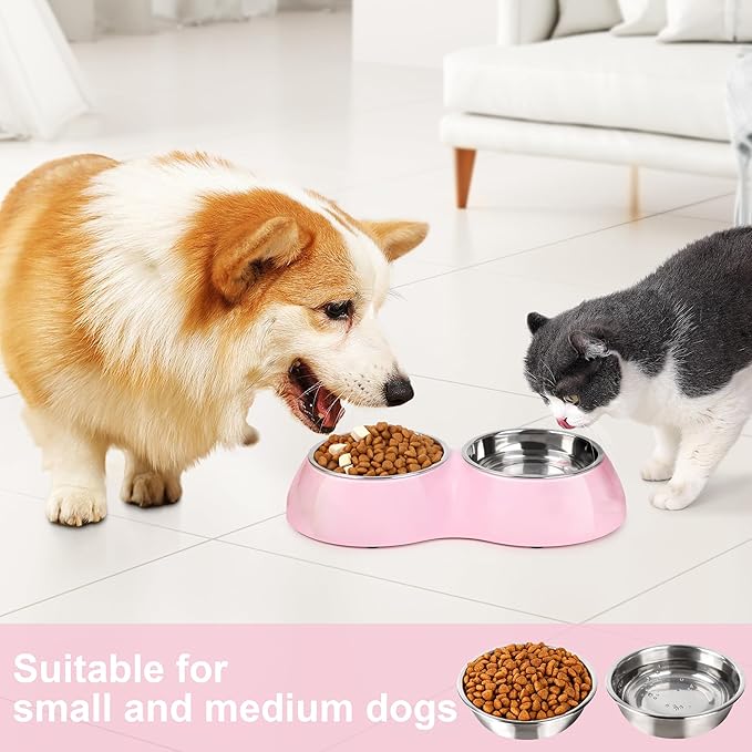 Stainless Steel Dog Bowls Set ??Dual Non-Slip Pet Dishes with 2 Small (4oz*2) Bowls & Durable Resin Stand,Food & Water Feeder for Puppies and Kittens??Pink