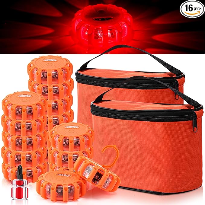 Tallew 16 Pack LED Road Emergency Roadside Lights Flashing Safety Warning Kit Beacon Magnet Hook Vehicle Boat Truck Disc Magnetic Flash Cars Security Driveway Automotive Strobe