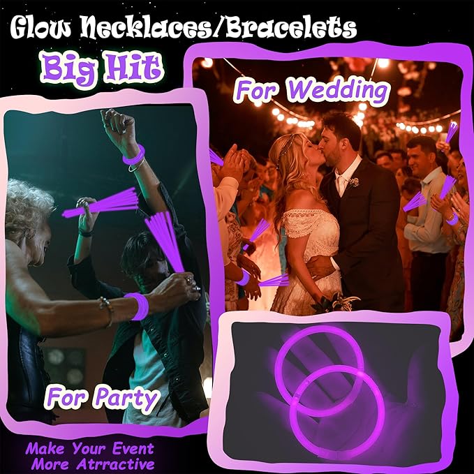 100 pk 8" Purple Glow Sticks Bulk Party Favors, Light up Glow Necklaces & Bracelets in the Dark Party Supplies For Christmas Halloween Mardi Gras Birthday Neon Party (100 * Purple)