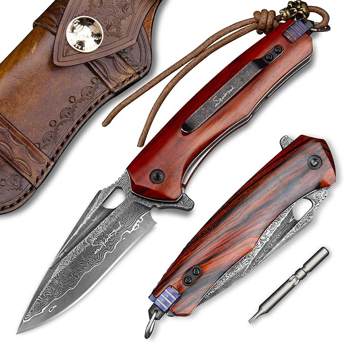 Damascus steel multifunctional EDC folding knife with self assembling pocket clip, lining lock, leather sheath, one piece disassembly pocket knife
