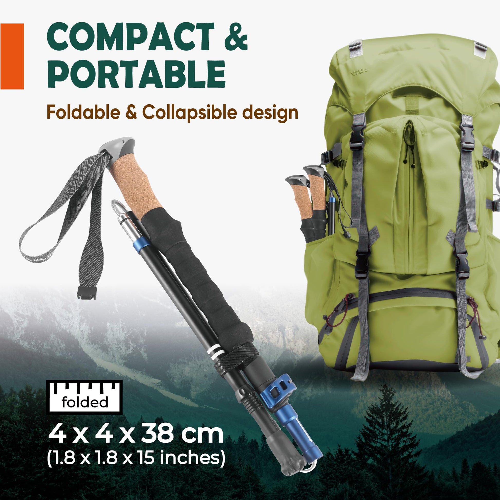 TREKOLOGY Trek-Z Cork Grip Trekking Poles – Lightweight Folding Hiking Poles, Adjustable Height