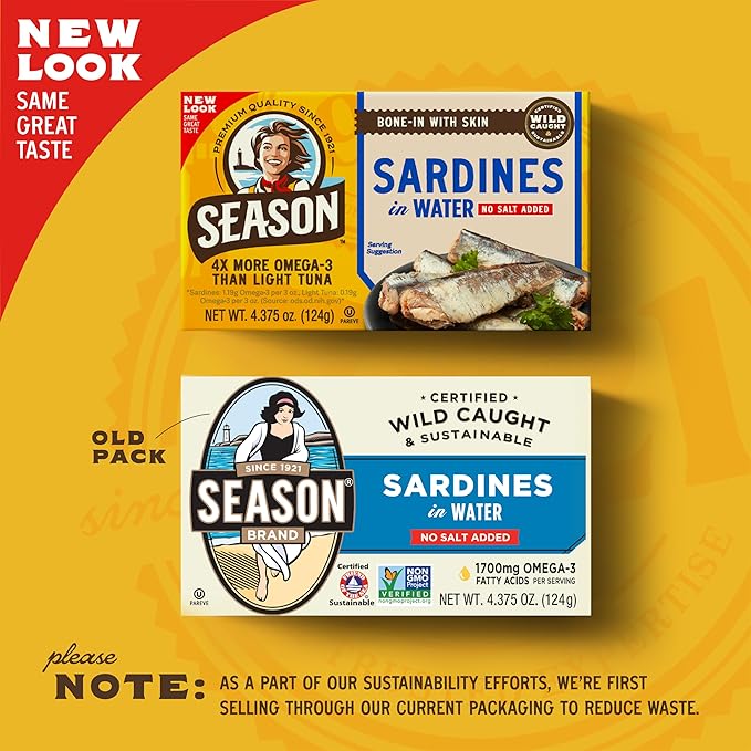 Season Sardines in Water - No Salt Added, Wild Caught, 22g of Protein, Keto Snacks, More Omega 3's Than Tuna, Kosher, High in Calcium, Canned Sardines - 4.37 Oz Tins, 24-Pack