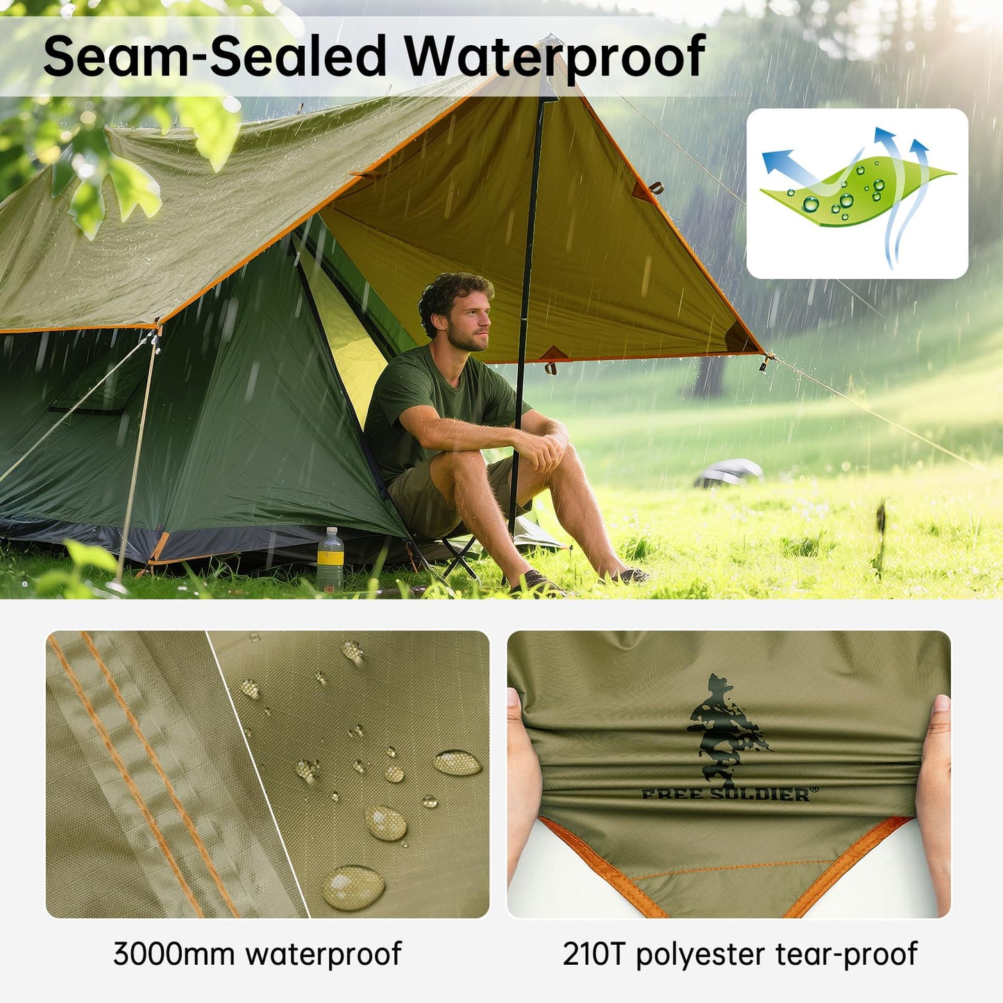 FREE SOLDIER Waterproof Camping Tarp Shelter Awning(Brown 10×10.5ft)