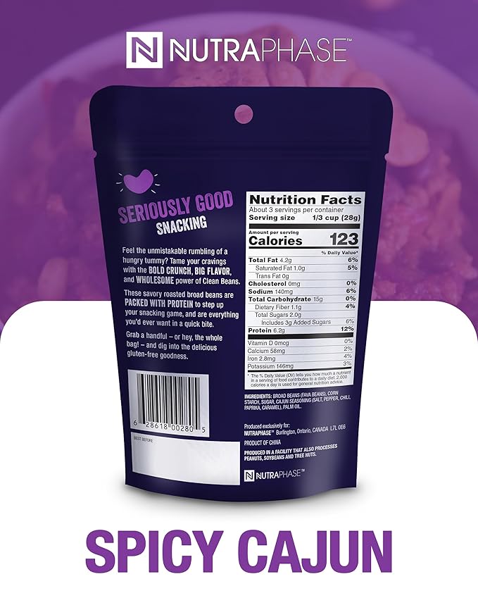 Clean Beans Broad Fava Beans Snack - Spicy Cajun Flavor, 6g Protein, Low Sugar, Non-GMO, Non-Gluten - On The Go Office Snack - Nutraphase, 85g x 6-Count