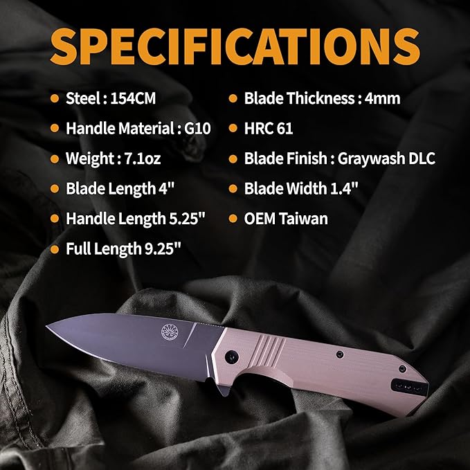 Off-Grid Knives - Stinger XL Folding Knife w. Spear Point Blade, Crucible 154CM Steel, G10 Scales, Deep Carry Clip (Coyote)