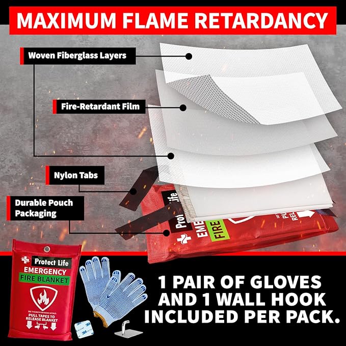 Protect Life Saving Emergency Fire Blankets 4 Pack - 40"x40", Fiberglass Fire Blanket for Home & Kitchen - Fire Suppression or Retardant Tarp - Fire Safety Kit for Car or Camping