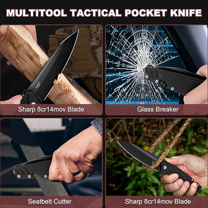 AUBEY Pocket Knife, 8Cr14Mov Steel Blade 3.54", 3-in-1 Folding Knife for Men, Tactical Multitool Knife with Glass Breaker Seat Belt Cutter for EDC Outdoor Survival Camping Hiking (Aluminum Handle)