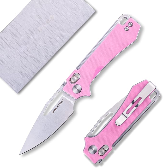REALSTEEL VIS Pocket Knife, Folding Knife, Crossbar Lock, 2.72" Small 12C27 Steel Satin Plain Blade, Thumb Hole, G10 Handle, 1.94oz, Pocket Clip, Versatile Outdoor Indoor EDC Knife, Gifts for Men Women Camping Hiking Fishing Climbing (Pink G10/Satin)