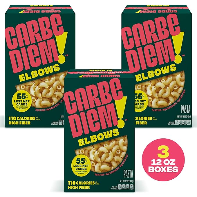 Carbe Diem!, Elbows, Lower Net Carb Pasta with Traditional Flavor & Texture, 8 grams of Protein, 55% Fewer Net Carbs & Only 110 Calories Per Serving, Pack of 3