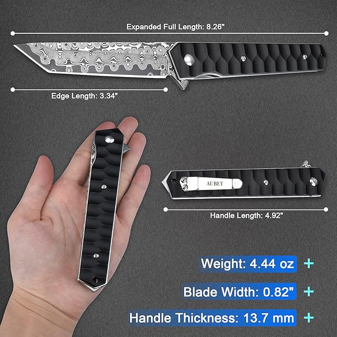 AUBEY Damascus Pocket Knife with Clip, Tanto Blade Damascus Steel Folding Knives for Men Tactical, Aluminum Handle with Glass Breaker for EDC Camping Gift