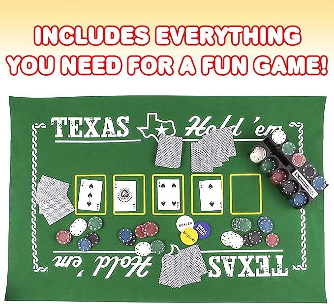 Gamie Texas Holdem Poker Game Set - Includes Hold?™em Mat, 2 Card Decks, Chips, Chip Holder and Tin Storage Box - Fun Game Night Supplies - Cool Casino Gift for Kids & Adults
