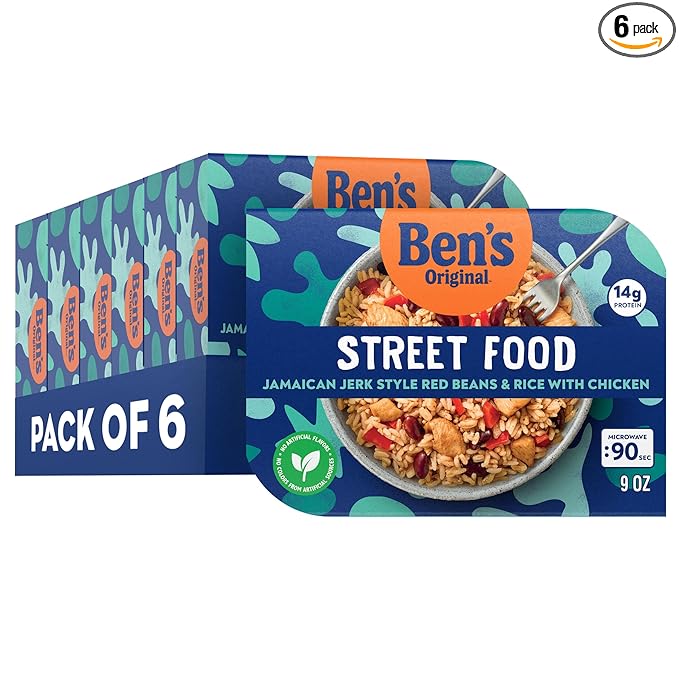 BEN'S ORIGINAL Street Food Jamaican Jerk Style Beans & Rice with Chicken, Prepared Entrée, Microwave in 90 Seconds, 9 oz (Pack of 6)