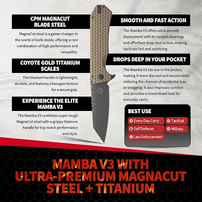 Off-Grid Knives - MAMBA V3, Large EDC Knife with MagnaCut Blade Steel, Titanium Scales and Hardware, Manual Ball Bearing Flipper, Four Finger Grip, Deep Pocket Carry (Coyote Gold)