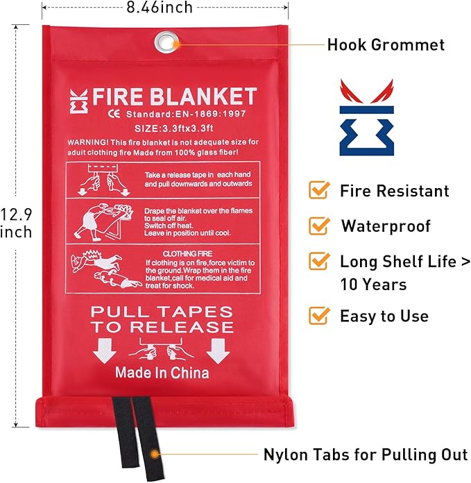 Fire Blanket for Home Emergency Survival ??Fiberglass Suspend Fire Flames Suspension Blankets for Home and Kitchen School Grill Garage House Warehouse Safety (4pcs-FireBlankets)