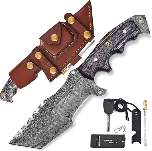 KIMPE 10.5?™â€?Damascus Hunting Knife with Leather Sheath-Fixed Blade EDC Knife-Bushcraft Knives-Wood Handle-Best Camping & Survival Knives-Knives for Men. (Pakka-Grey)