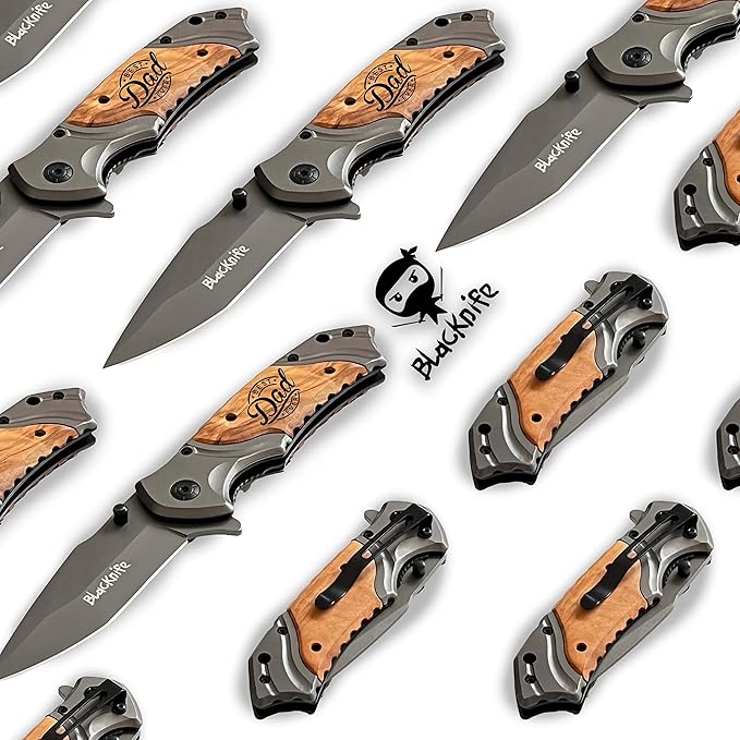 BlacKnife Gift For Dad Folding Pocket Knife with Wooden Handle and Clip, Pocket Knife For Men – Fathers Day Gift Ideal Knife for Camping, Hunting, DIY, Outdoor Gear (Best Dad Ever)