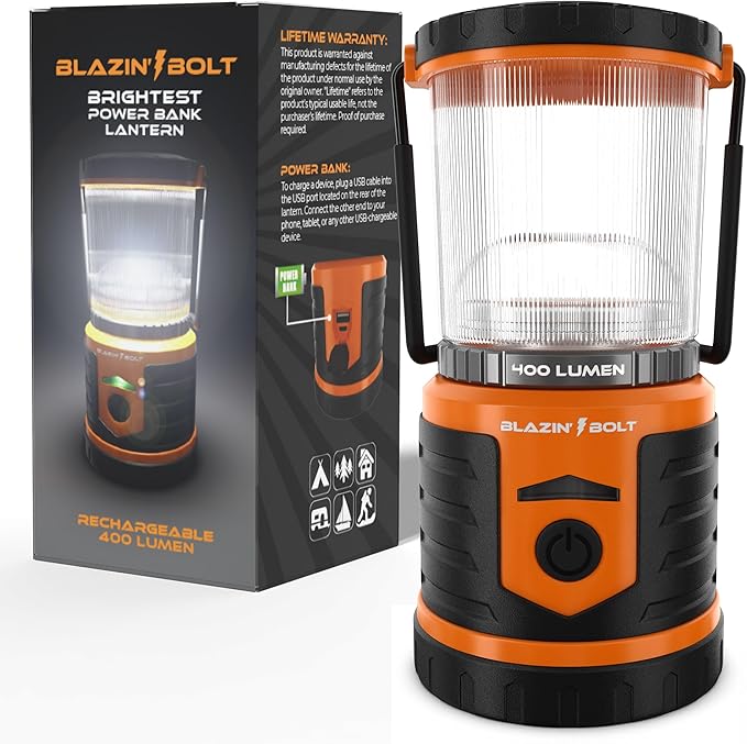 Blazin Bolt Rugged USB Rechargeable Lantern | 6000mAh Power Bank | 400 Lumen | 400 Hours of Light | 6 Modes | Camping, Emergency, Power Outage, Storm, Blizzard, Hurricane Survival
