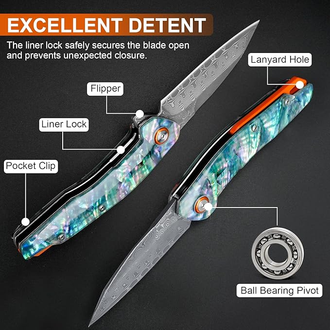 Damascus Pocket Knife, 3.03" VG10 Damascus Steel Blade Folding Knife with Abalone Shell Handle, EDC Camping Knives for Outdoor Indoor, Gifts for Women Men