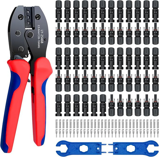 Solar Panel Connector, 60PCS Solar Crimper Tool Kit for Connecting Solar Panel Cable Wire, Solar Connector Kit with 30 Pairs Male/Female Solar Connectors, 1PCS Solar Crimper, 2 PCS Spanner Wrench