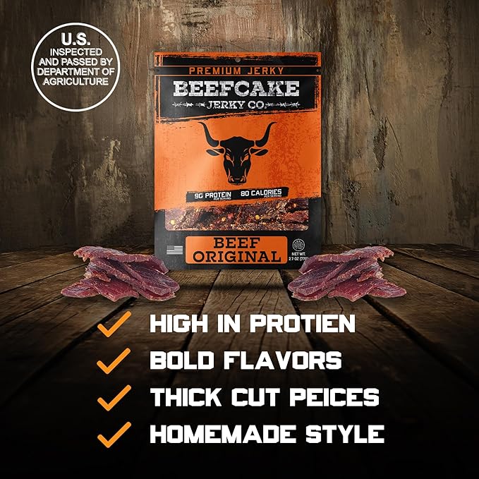 BEEFCAKE Jerky Classic Beef Bundle, Includes Beef Jerky Traditional Peppered & Original Flavor, 9 Gram of Protein & 100 Calories 2.7 Oz | Pack of 4