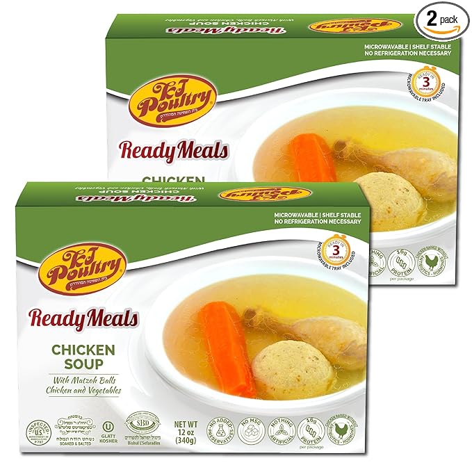 KJ Poultry Kosher Ready Meals - Matza Ball Chicken Soup & Vegetables, CHOMETZ NOT for PASSOVER, MRE Meat Meals Ready to Eat, Shabbos Food, Halal, (2 Pack) Cooked Entree, Shelf Stable Microwave Dinner