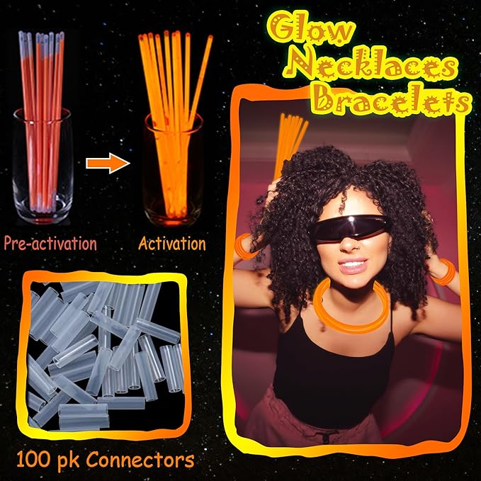 ILHSTY 100 Pcs 8'' Orange Glow Sticks Glow In The Dark Party Favors Supplies Bright GlowSticks Necklaces Bulk for Christmas Halloween 4th of July Easter Carnival Birthday Neon Party (Orange*100)