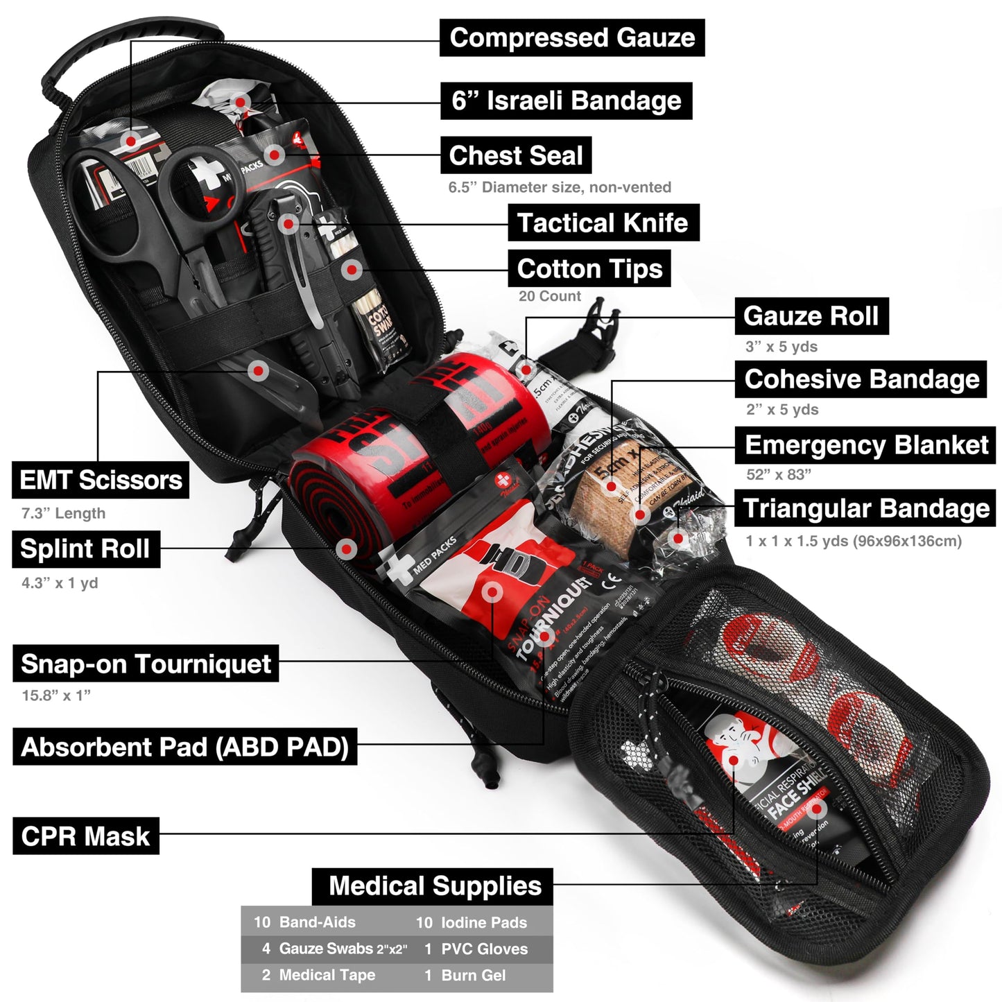 Survival First Aid Kit with Israeli Bandage, Chest Seal, Tourniquet, Splint, Tactical Military