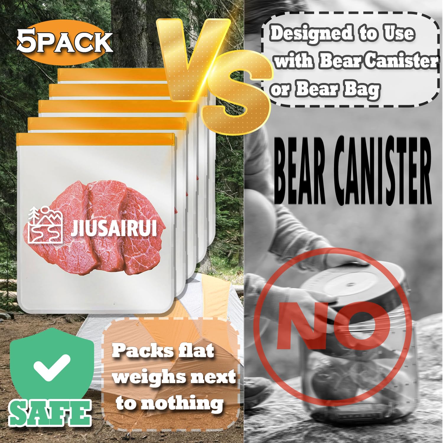 JIUSAIRUI Odor Proof Bear Bags for Food Backpacking: 5Pack Reusable Bear Proof Food Storage