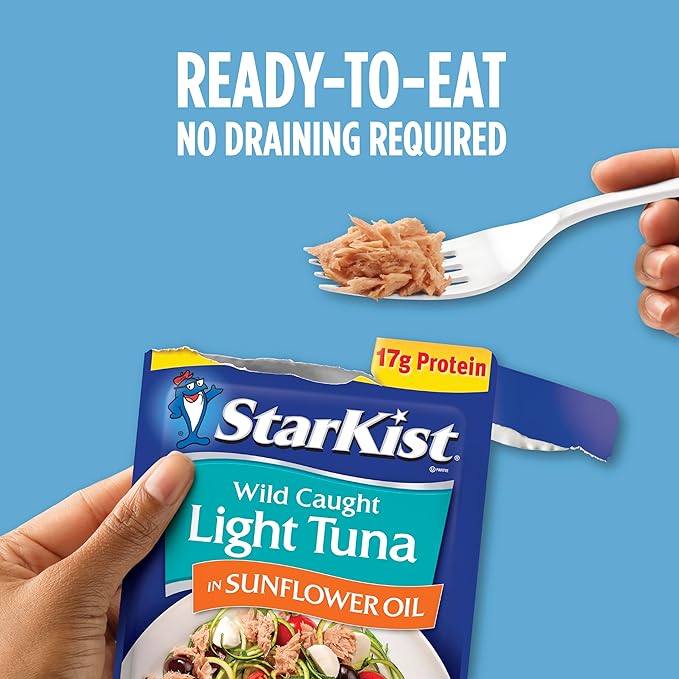 StarKist Chunk Light Tuna in Sunflower Oil, 2.6 oz Pouch (24 Pack) Ready to Eat Wild Caught Tuna, 17g Protein, 140 Calories Per Serving, Gluten Free, Soy Free, Kosher, Perfect for Meals and Snacks