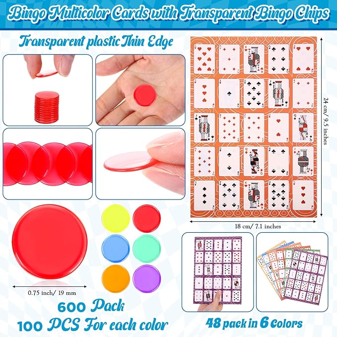 Zubebe 654 Pack Poker Keno Game Set, 6 Deck of Multicolor Playing Cards, 600 Transparent Scoring Chips, Large Boards, Poker Bingo Set Keno Board Game for Family Gathering Casino Play Night (Mixcolor)