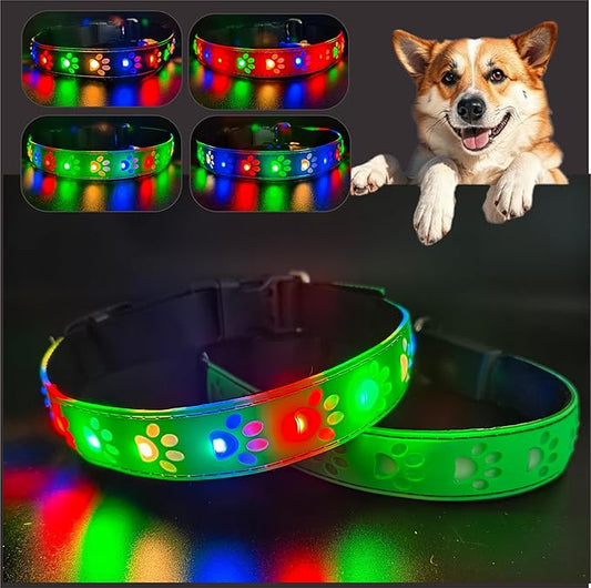 LED Light Up Dog Collar, USB-C Rechargeable, Multicolor Paw Print Design, 15 Modes Lighting Night Safety (Green Pro, XL(19.7-23.6"))