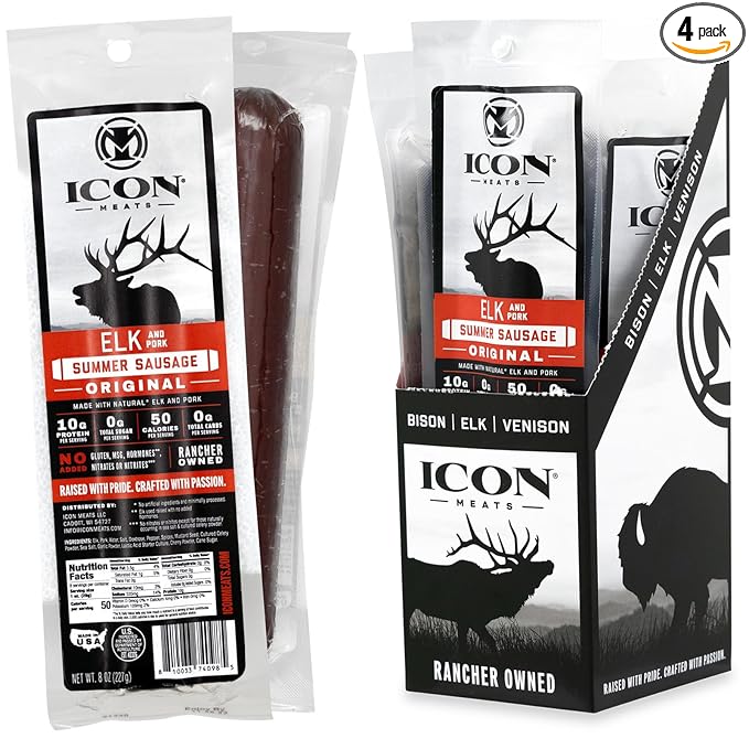 ICON Meats Summer Sausage - Elk and Pork Original Flavor - 4 Pack of Individually Wrapped Meat Sausages, USDA Approved, All Natural, Diet Friendly, High Protein, Low Calorie