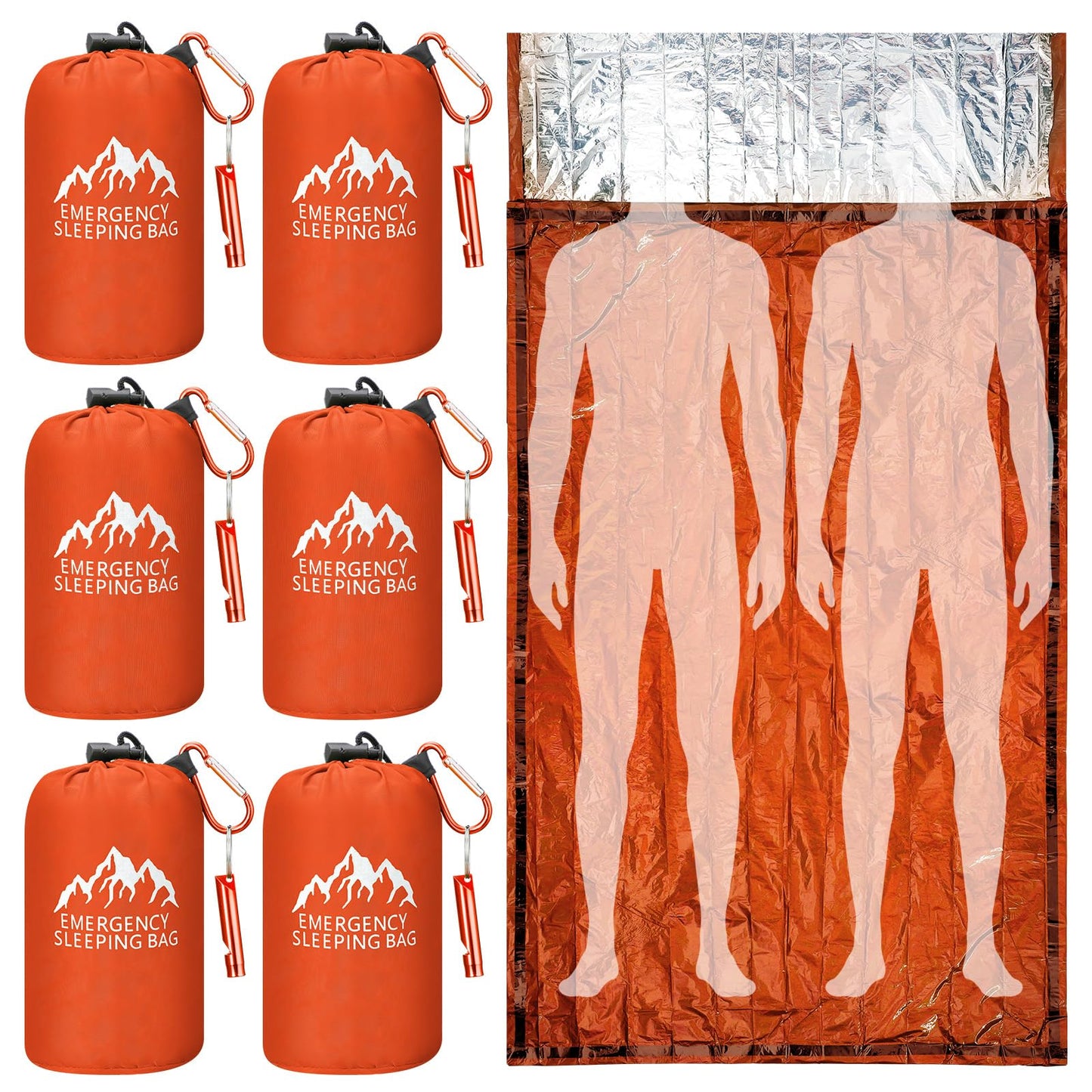 Oudain 6 Pcs XL Emergency Sleeping Bag 94.5" x 49.2" Waterproof Survival Sleeping Bag with Whistle