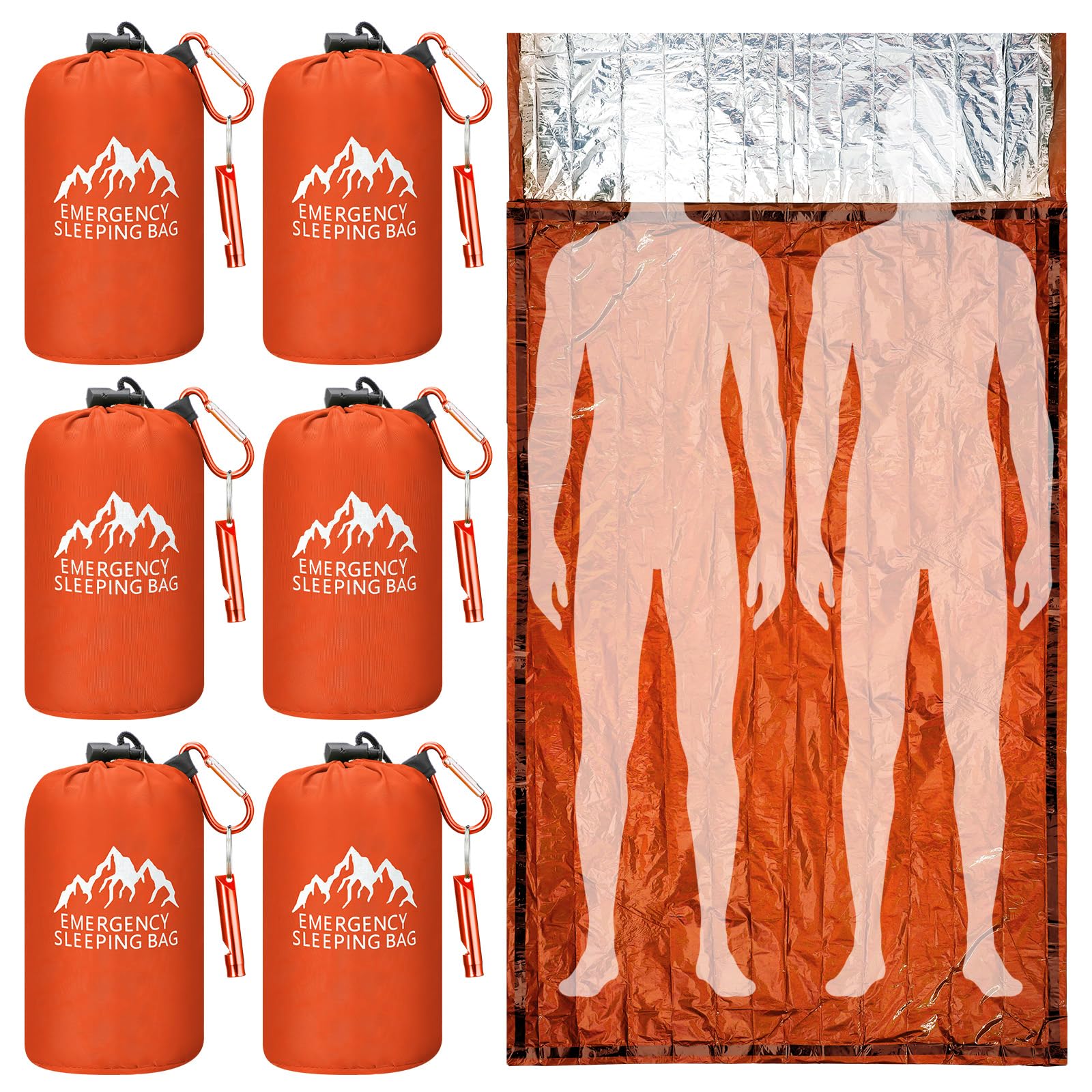Oudain 6 Pcs XL Emergency Sleeping Bag 94.5" x 49.2" Waterproof Survival Sleeping Bag with Whistle
