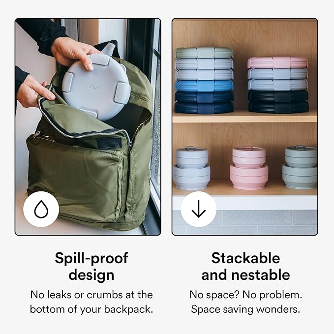 STOJO Collapsible Bowl 3 Set - Translucent Denim, 36oz - Reusable Silicone Bowl for Hot and Cold Food - Perfect for Travel, Meal Prep, To-Go Lunch, Camping & Hiking - Microwave & Dishwasher Safe