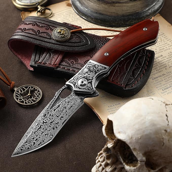 Damascus Steel Folding Pocket Knife with VG10 Core, Wooden Handle & Leather Sheath, Outdoor Knife and Gift for Collectors, Knife Lovers, and Enthusiasts