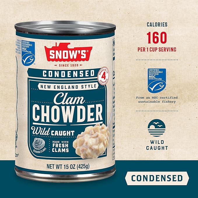 Snow's Condensed New England Clam Chowder, 15 oz Can - 4g Protein per Serving - Authentic New England Style Recipe