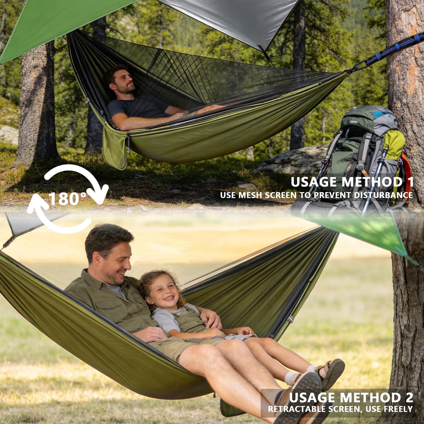Ovyuzhen Camping Hammock with Rain Fly Tarp Mosquito Net Heavy Duty Tree Straps Portable Double