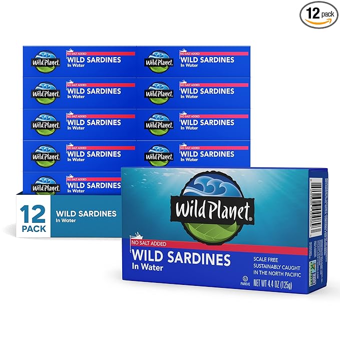Wild Planet Wild Sardines in Water, No Salt Added, Tinned Fish, Non-GMO, Sustainable 4.4 Ounce , (Pack of 12)