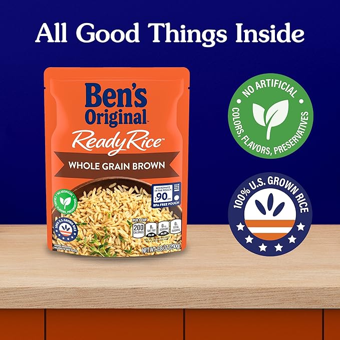 BEN'S ORIGINAL Ready Rice Whole Grain Brown Rice, Easy Dinner Side, 8.8 OZ Pouch (Pack of 12)