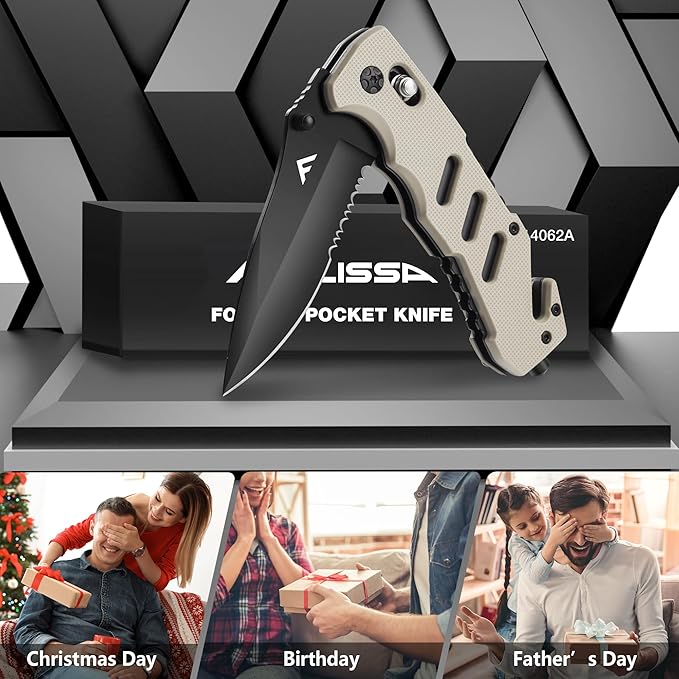 FLISSA Folding Pocket Knife with Clip, Glass Breaker and Seatbelt Cutter, Survival Knife for Emergency Rescue Situations, EDC Knife for Tactical, Hunting, Camping, Outdoor, Unique Gifts for Dad, Father