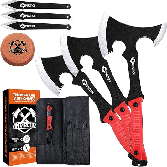 Throwing Axes and Knives Set - 3 Pack, 11" Full Tang Stainless Steel Tomahawks and Throwing Knives, Whetstone Tool Sharpener, Well-Balanced for Beginners