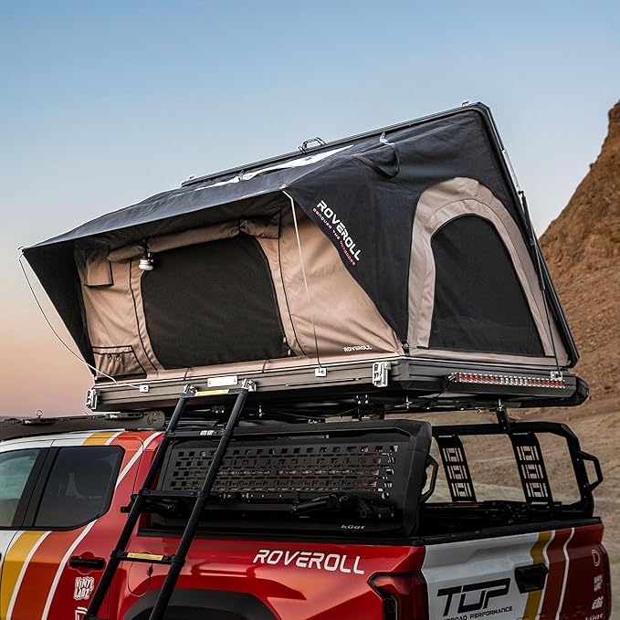 Hardshell Rooftop Tent, Roof Top Tent for 2-3, with Aluminium Ladder, Skyview Window, Mattress, LED Light, Blackout-Coated for UV Protection, Waterproof, for Truck, Jeep, SUV, Van