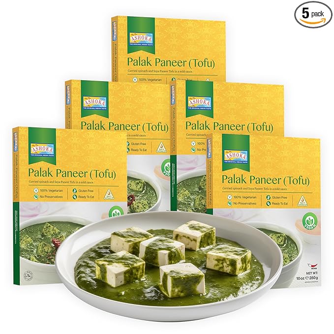 Ashoka Entrees 1932, Plant-Based Tofu & Spinach Curry, All-Natural, Ready to Eat Meals, Palak Paneer, Kosher Certified, Great for Offices, Instant Meals with No Preservatives, Pack of 5