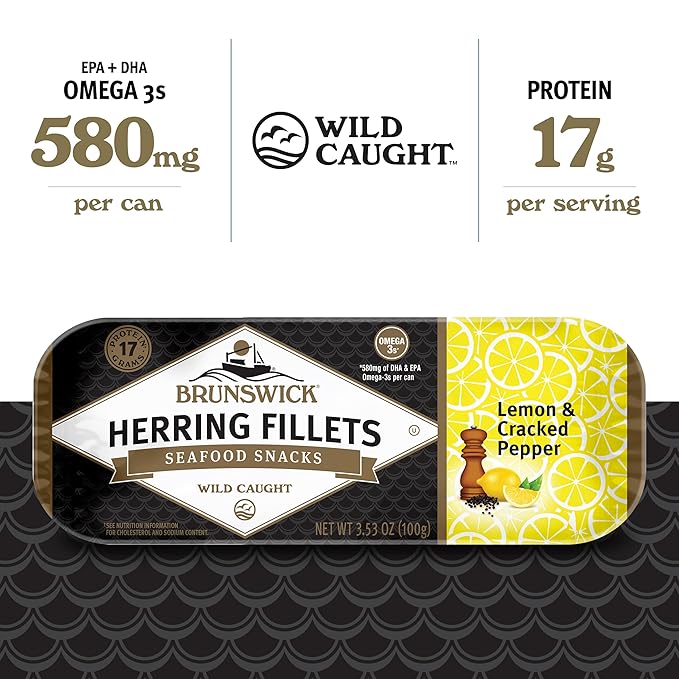 Brunswick Herring Fillets in Lemon & Cracked Pepper, 3.53 Oz (Pack of 12) - 15g Protein per Serving - Gluten Free, Keto Friendly - Great for Pasta & Seafood Recipes