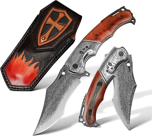 VG10 Core Damascus Steel Folding Knife Suitable for EDC, 4.13 "rosewood Handle, Lined Lock, Outdoor Survival Camping, Suitable for Men and Women